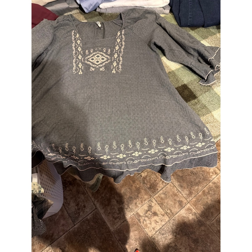 Monoreno Womens Grey Embroidered Boho Tunic Top Bell‎ Sleeve Cotton M8752K